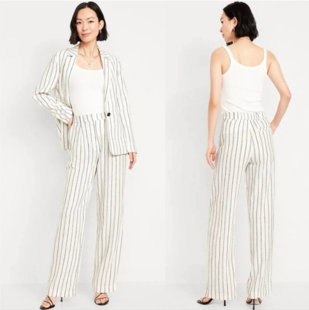 Old Navy Taylor Wide Leg Trouser Pant White Pinstripe Extra High Rise Linen